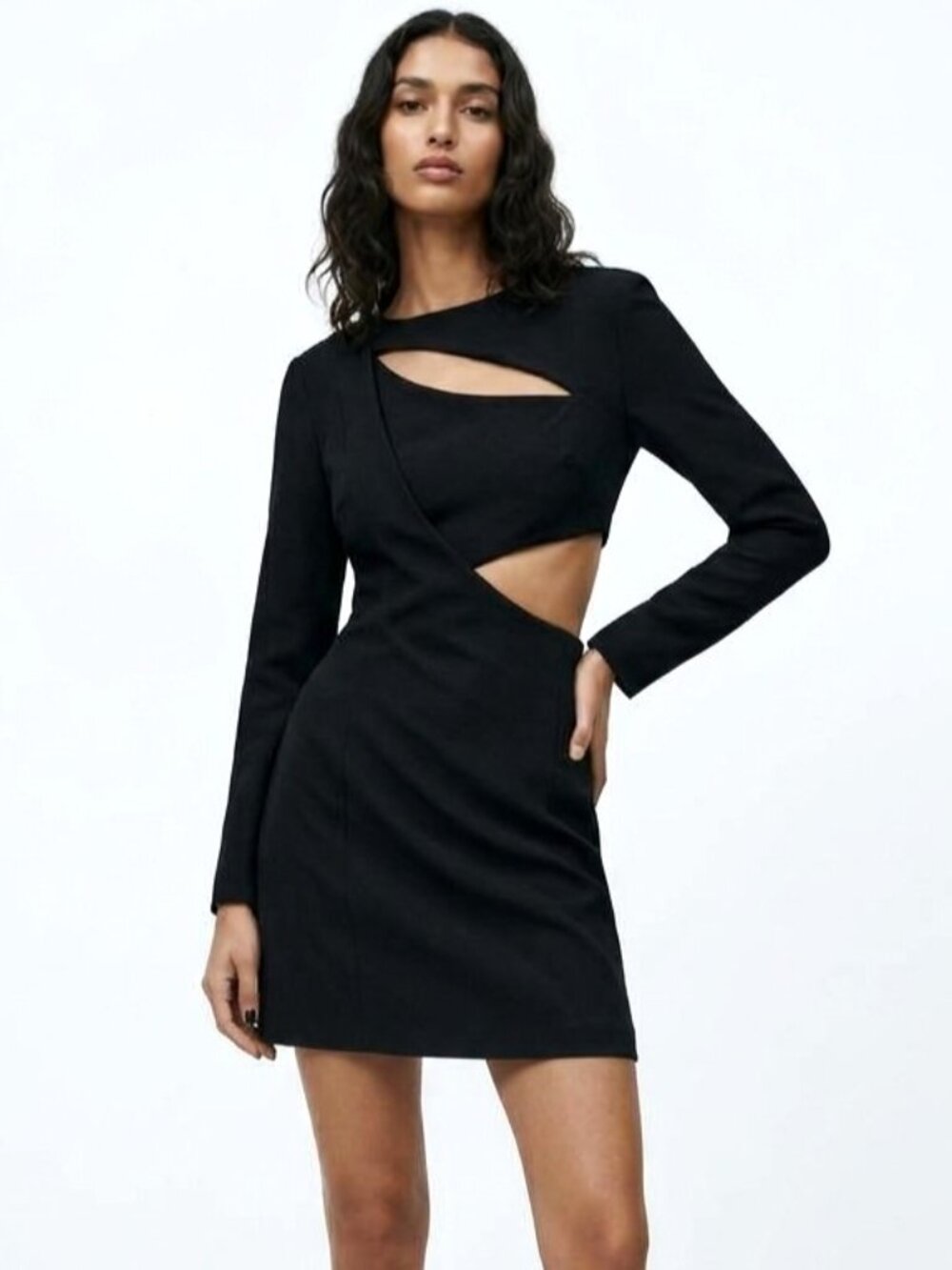 NWOT ZARA Black Crepe Cut Out Dress Asymmetric Long Sleeve Architectural Size L